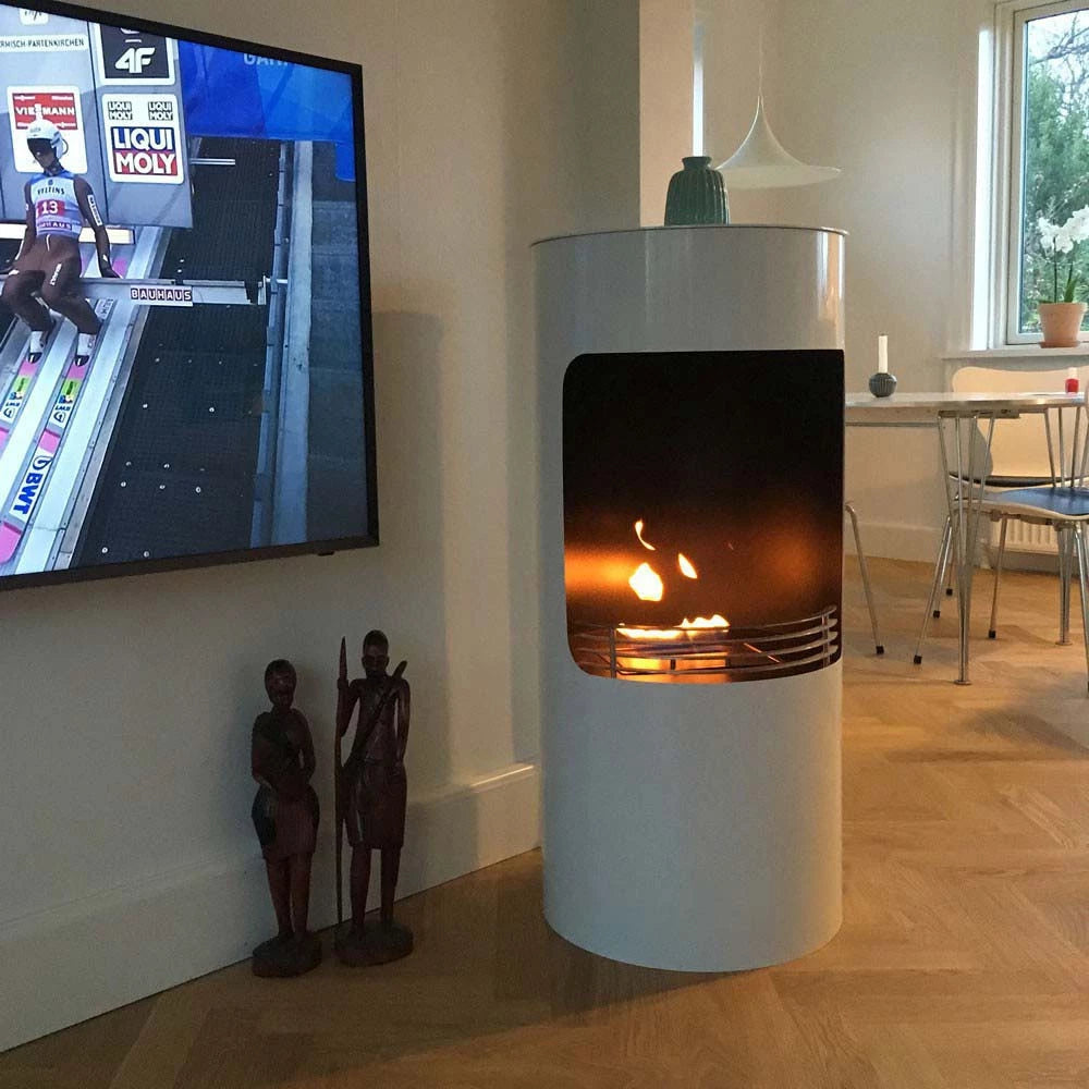 Montgomery White open free-standing bioethanol fireplace in wood stove design