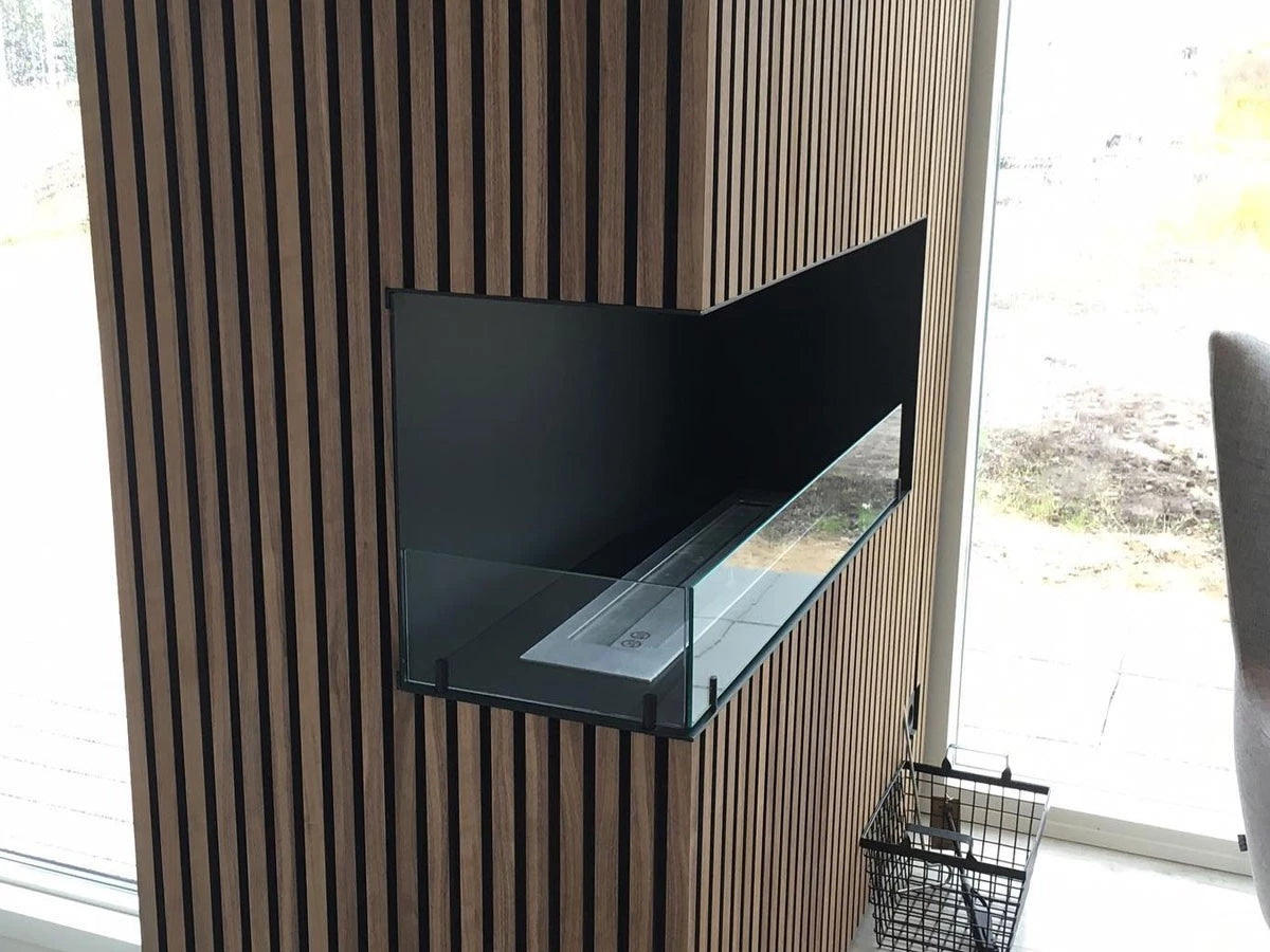 Foco Corner Left 800 - Modern left-sided corner bioethanol fireplace with sleek black design and tempered glass.