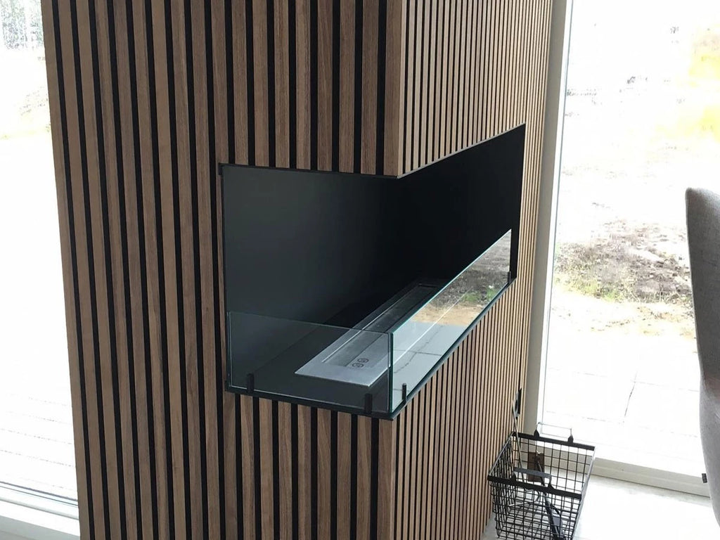 Foco Corner Left 1000 - Modern corner bioethanol fireplace with a sleek black frame and vibrant flames.