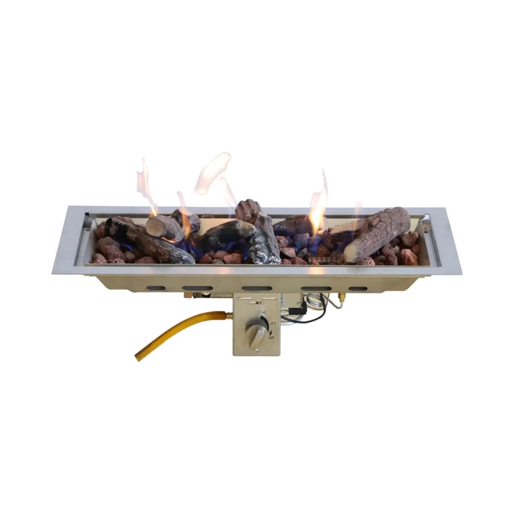 Rectangular gas burner 67 cm in stainless steel for outdoor installation.