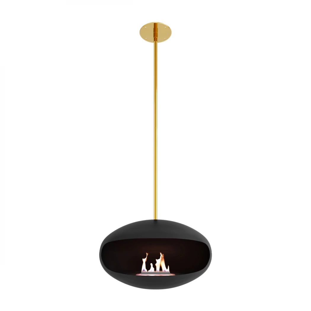 Aeris bioethanol fireplace in black with brass rod