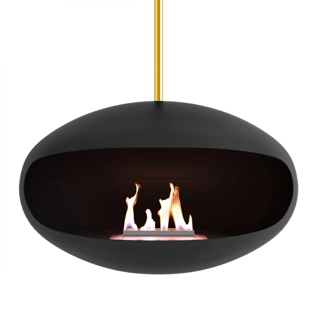 Aeris bioethanol fireplace in black with brass rod