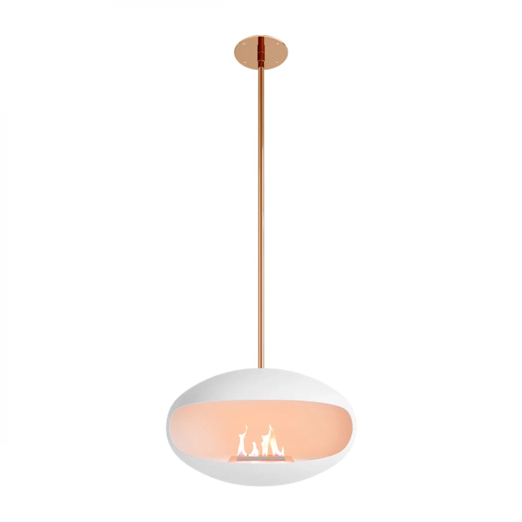 Aeris bioethanol fireplace in white with copper rod