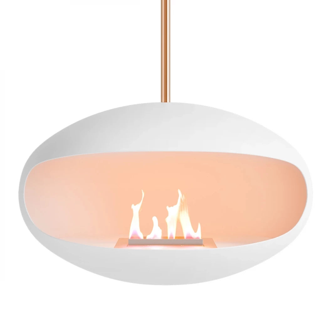 Aeris bioethanol fireplace in white with copper rod
