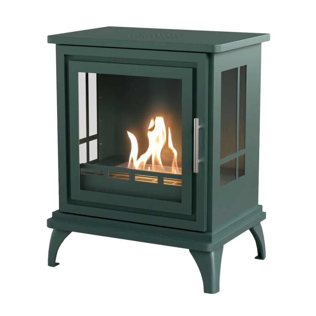 ScandiFlames Nashville – Freestanding bioethanol fireplace in wood burning stove design with black green finish