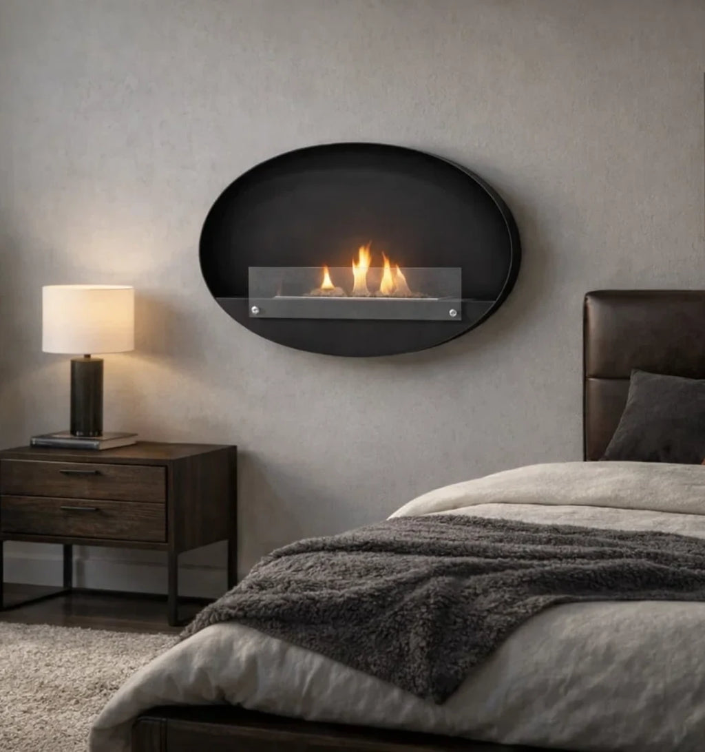 Oval bio fireplace for wall mounting