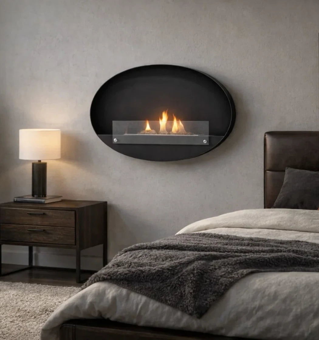Oval bio fireplace for wall mounting