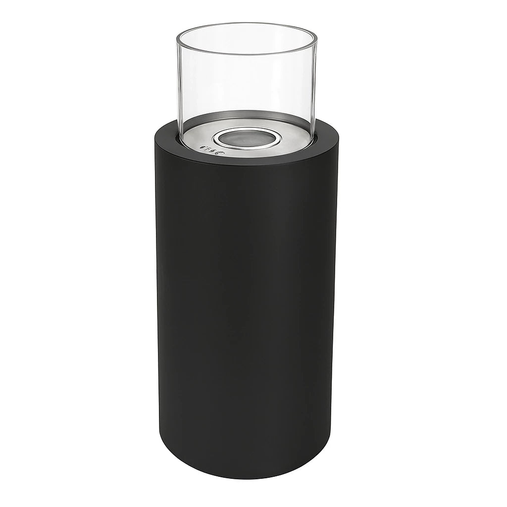 ScandiFlames Dualis bioethanol fireplace with a black fireplace body and a cylindrical safety glass