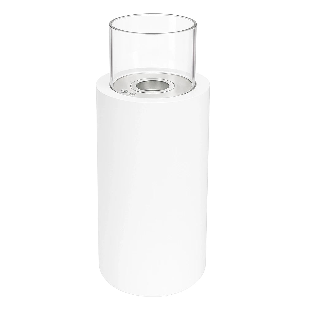 ScandiFlames Dualis bioethanol fireplace with a white fireplace body and a cylindrical safety glass