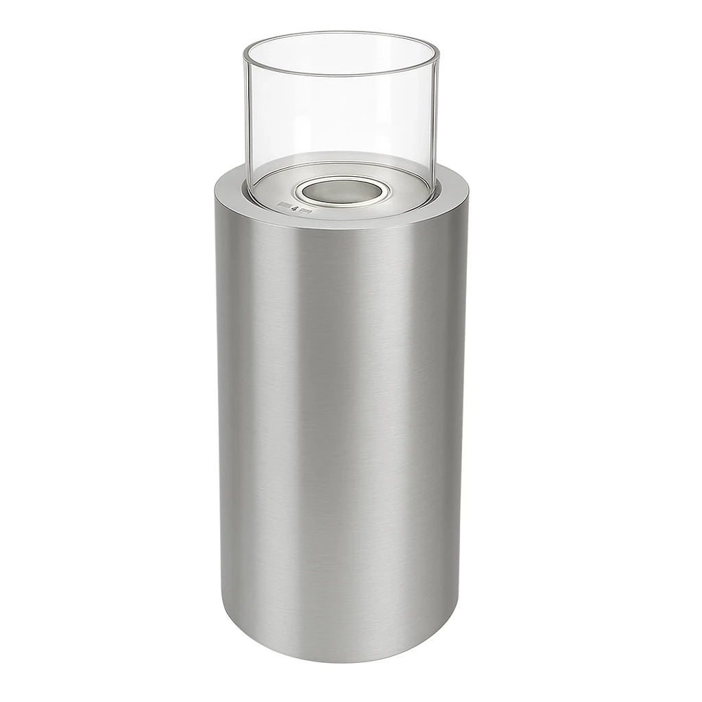 ScandiFlames Dualis bioethanol fireplace with a brushed steel fireplace body and a cylindrical safety glass