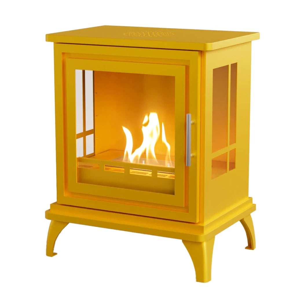 ScandiFlames Nashville – Freestanding bioethanol fireplace in wood burning stove design with yellow finish