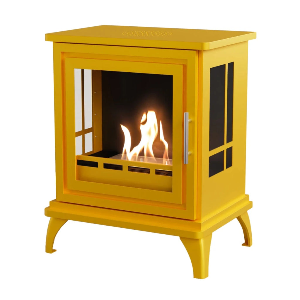 ScandiFlames Nashville – Freestanding bioethanol fireplace in wood burning stove design with yellow finish