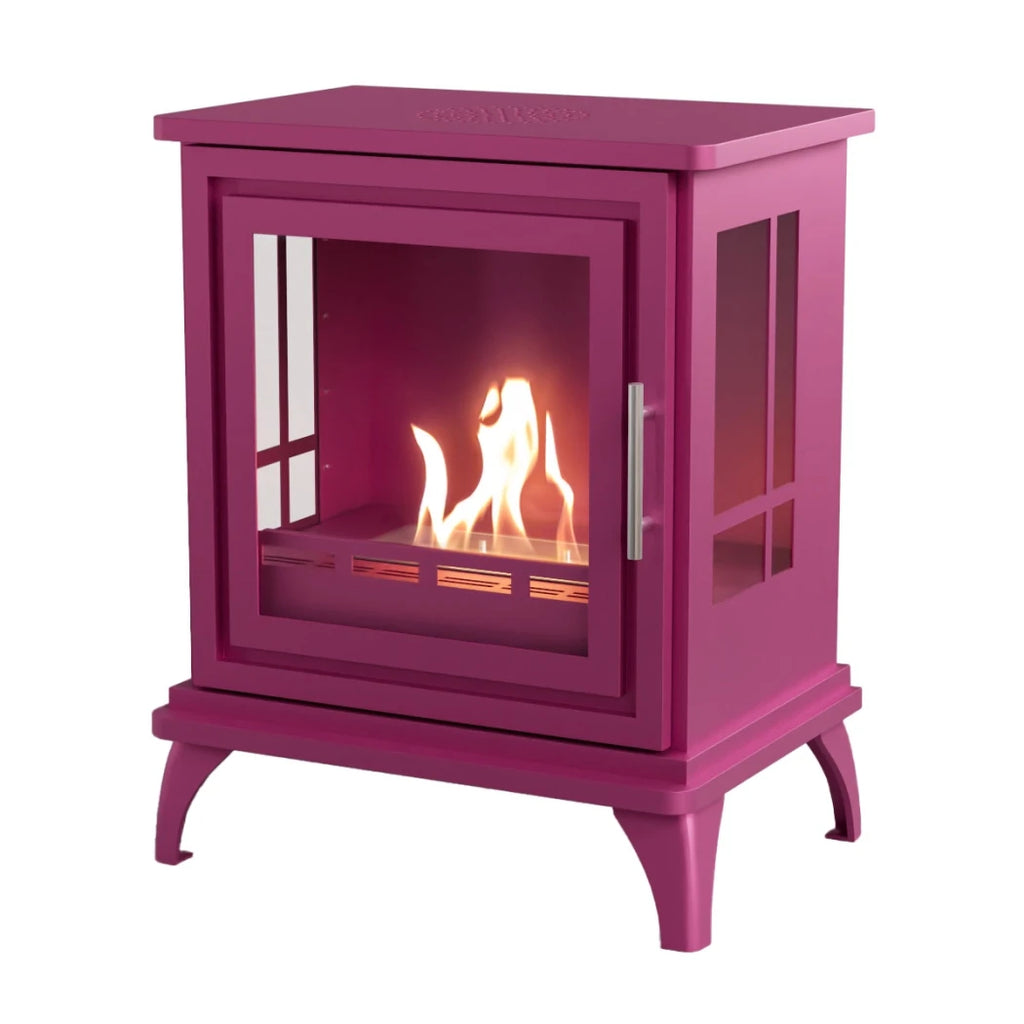 ScandiFlames Nashville – Freestanding bioethanol fireplace in wood burning stove design with pink finish