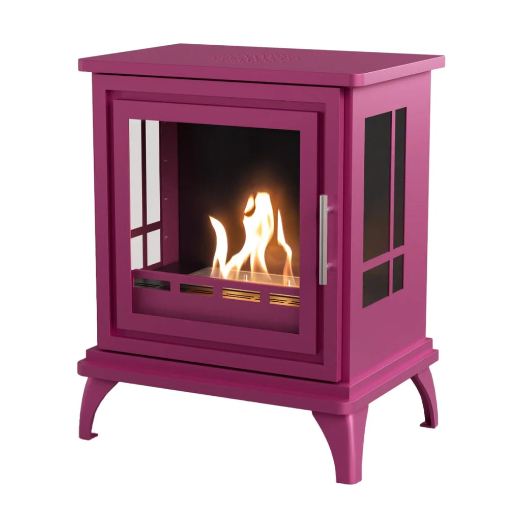 ScandiFlames Nashville – Freestanding bioethanol fireplace in wood burning stove design with pink finish