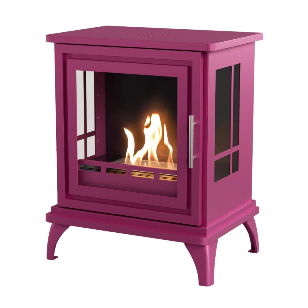 ScandiFlames Nashville – Freestanding bioethanol fireplace in wood burning stove design with pink finish