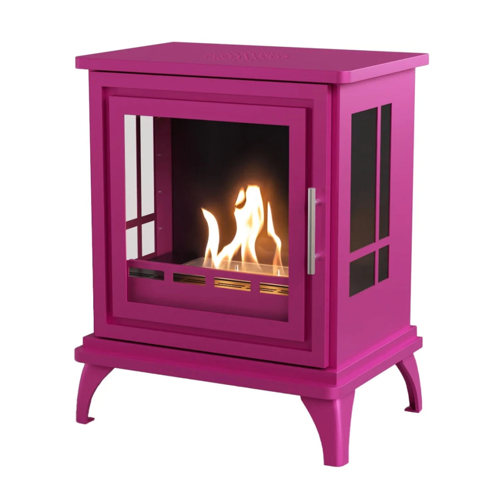 ScandiFlames Nashville – Freestanding bioethanol fireplace in wood burning stove design with pink finish