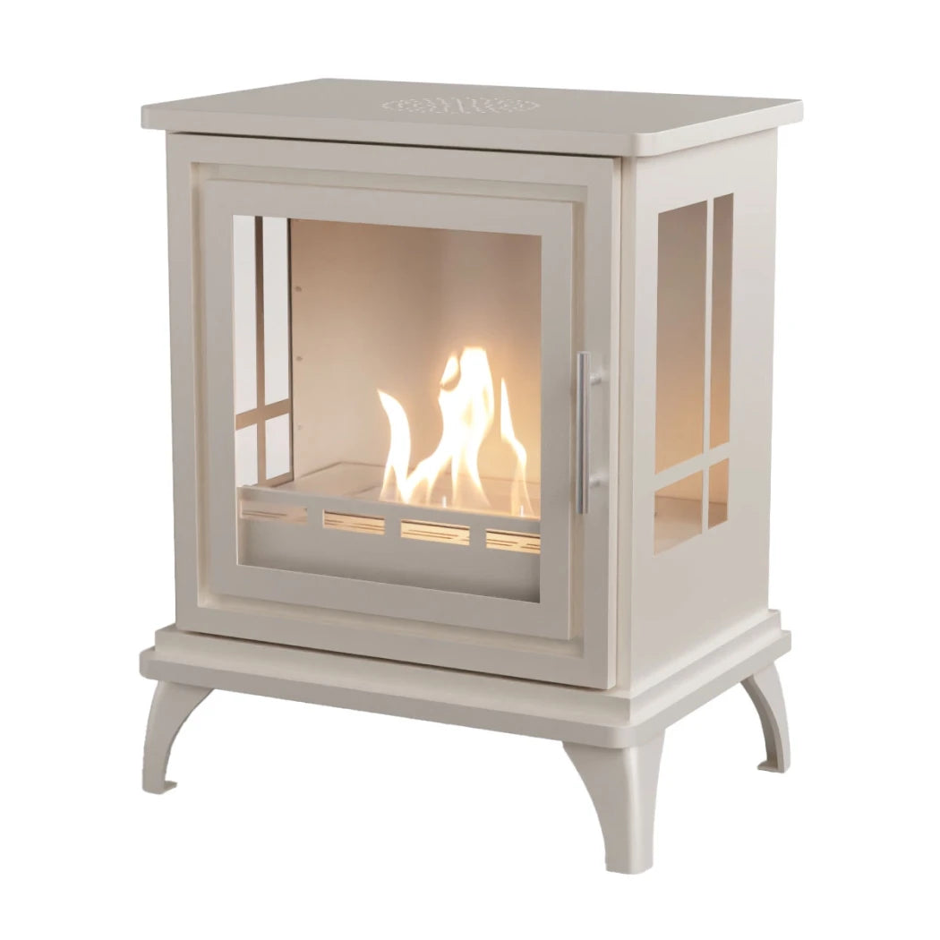 ScandiFlames Nashville – Freestanding bioethanol fireplace in wood burning stove design with oyster white finish