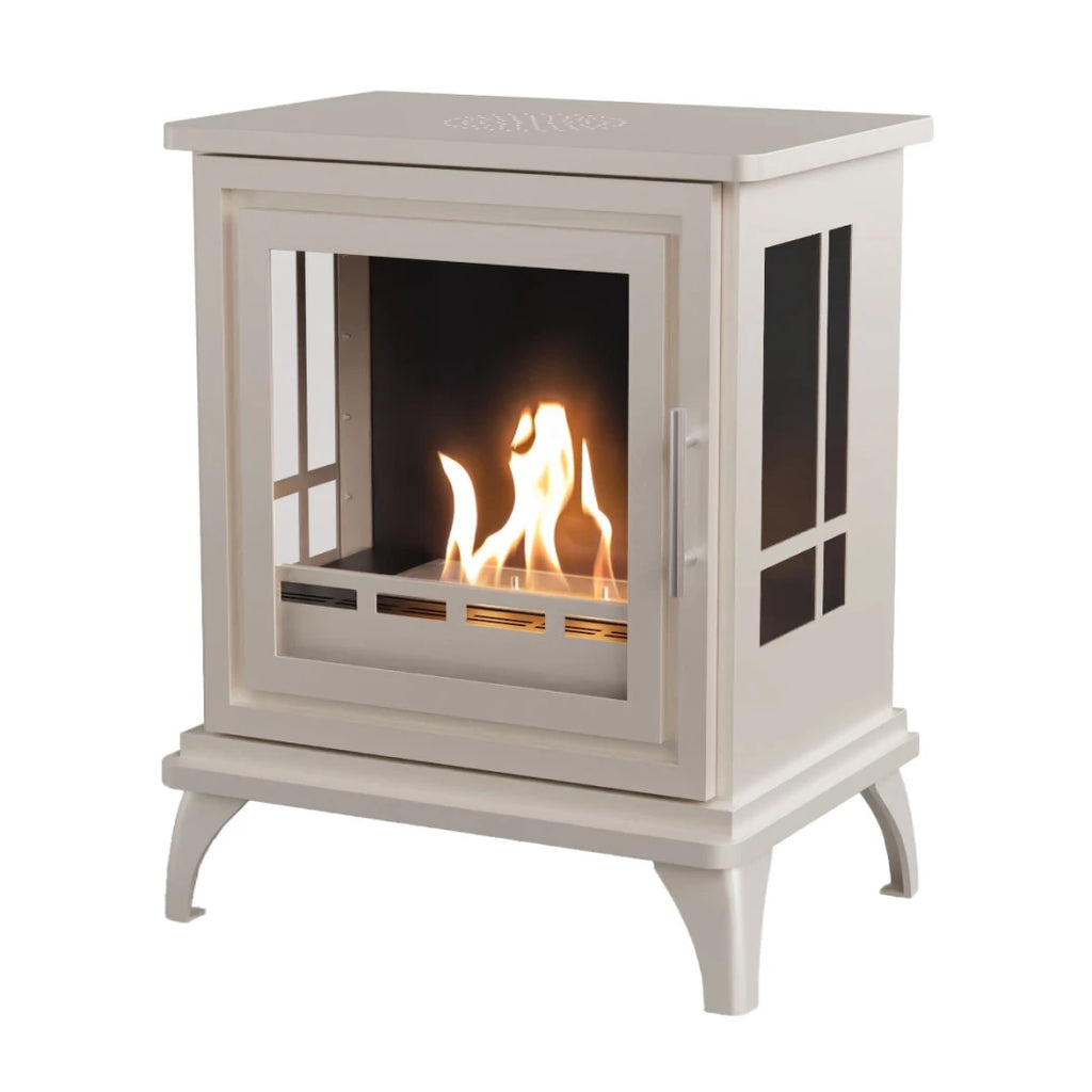 ScandiFlames Nashville – Freestanding bioethanol fireplace in wood burning stove design with oyster white finish