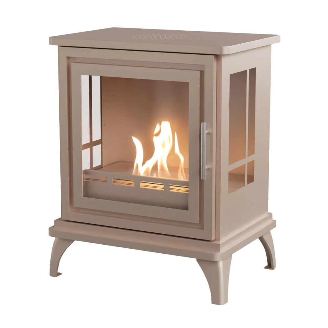 ScandiFlames Nashville – Freestanding bioethanol fireplace in wood burning stove design with grey beige finish