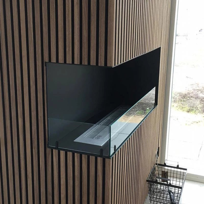 Foco Corner Left 800 - Modern left-sided corner bioethanol fireplace with sleek black design and tempered glass.