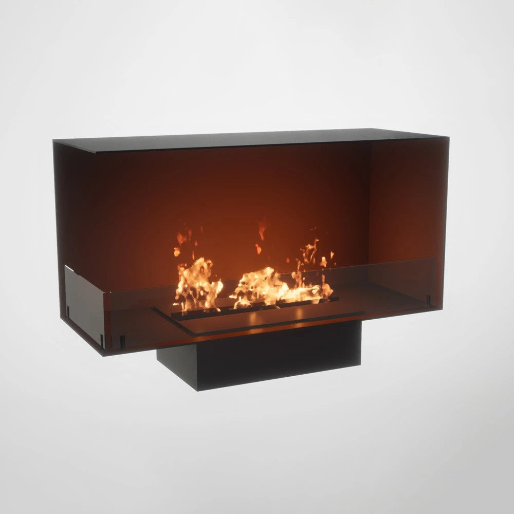 Foco Corner Left 1000 - Modern corner bioethanol fireplace with a sleek black frame and vibrant flames.