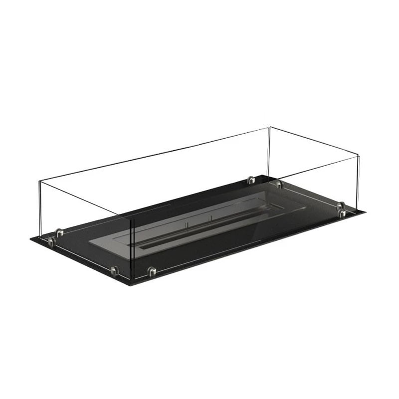 Foco Four 800 built-in bioethanol fireplace with black steel frame, tempered glass panels, and a vibrant flame display