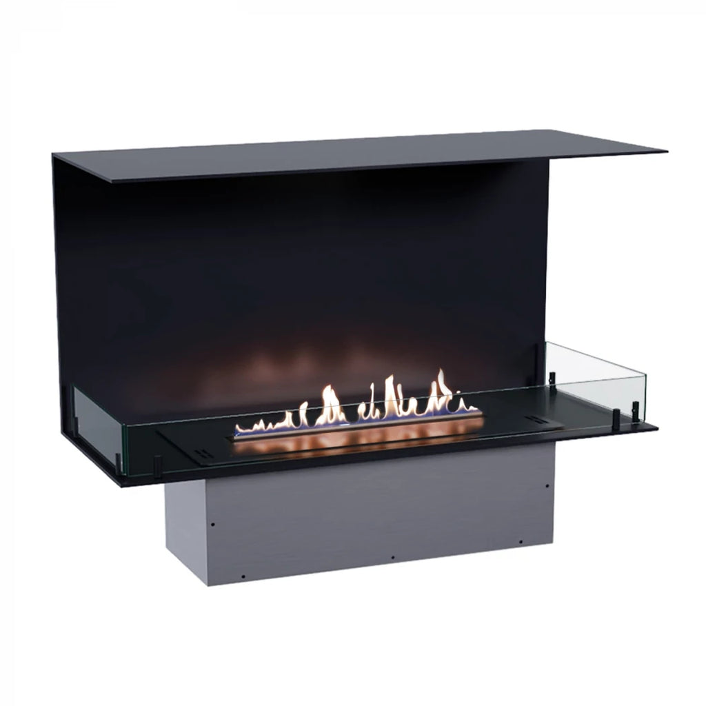 Foco Three 1000 bioethanol fireplace with three open sides for a panoramic flame view.