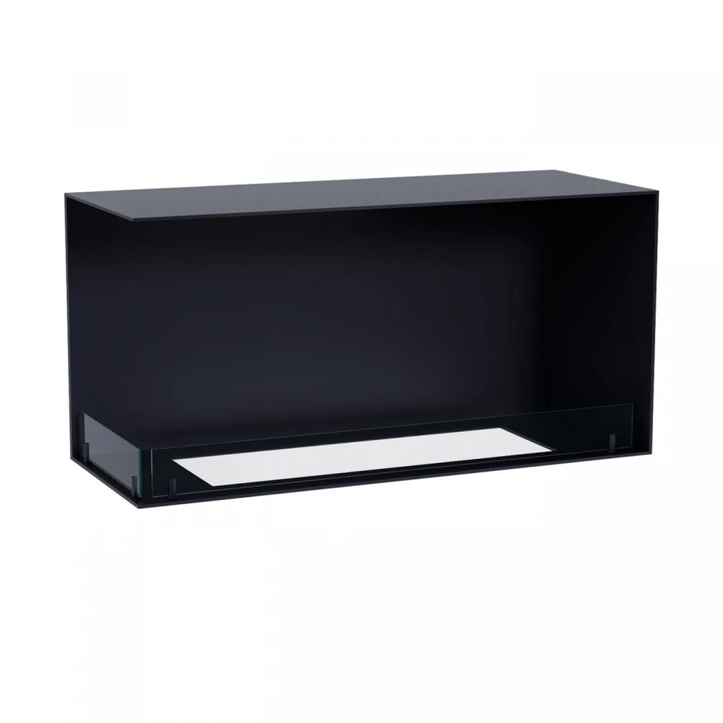 Foco Corner Left 1000 - Modern corner bioethanol fireplace with a sleek black frame and vibrant flames.