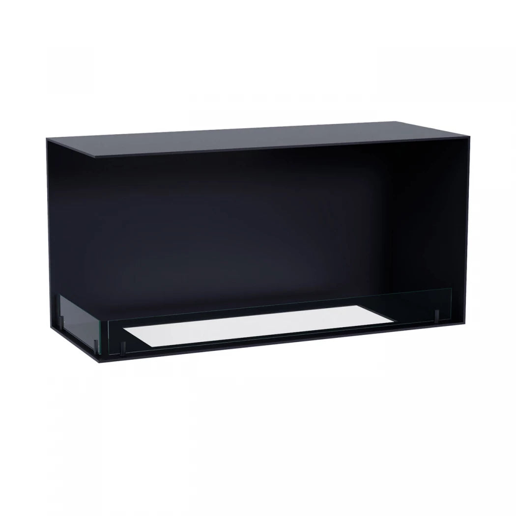 Foco Corner Left 1000 - Modern corner bioethanol fireplace with a sleek black frame and vibrant flames.