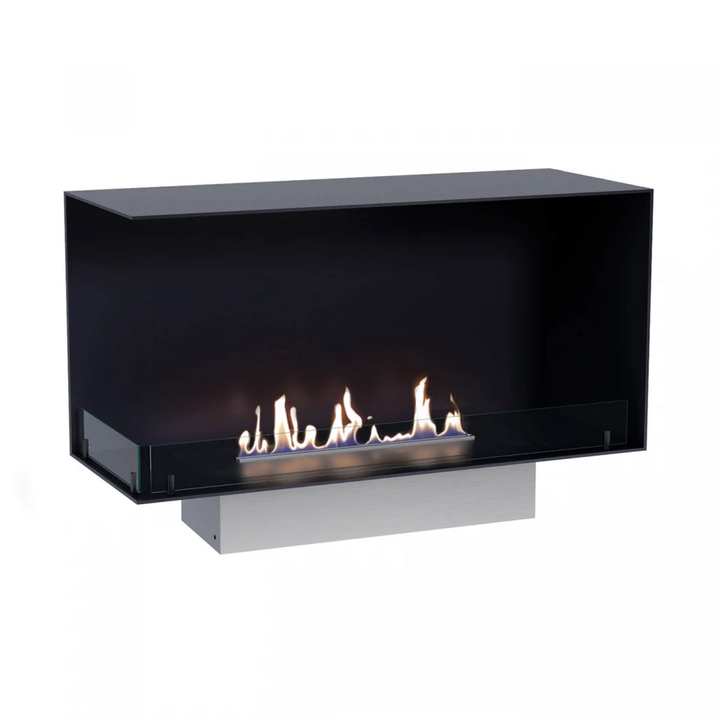 Foco Corner Left 1000 - Modern corner bioethanol fireplace with a sleek black frame and vibrant flames.