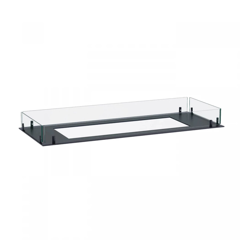 Foco Free 1000 – a sleek, 4-sided bioethanol fireplace with tempered glass panels and customisable burner options.