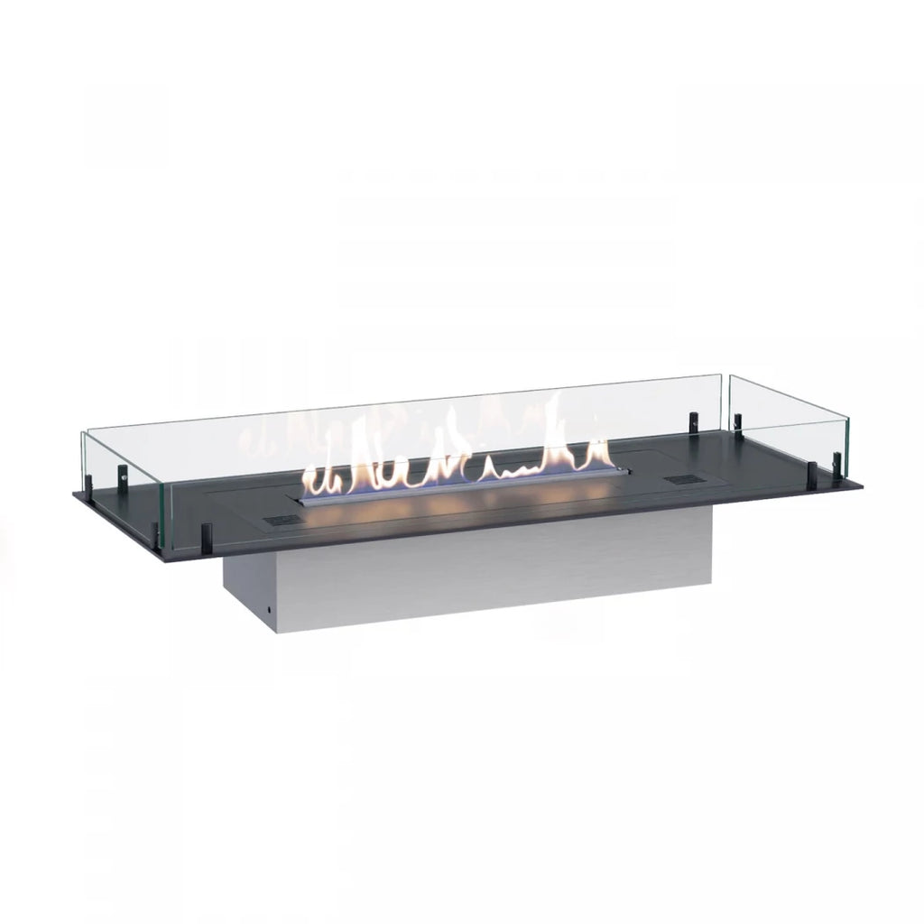 Foco Free 1000 – a sleek, 4-sided bioethanol fireplace with tempered glass panels and customisable burner options.