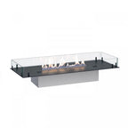 Foco Free 1000 – a sleek, 4-sided bioethanol fireplace with tempered glass panels and customisable burner options.