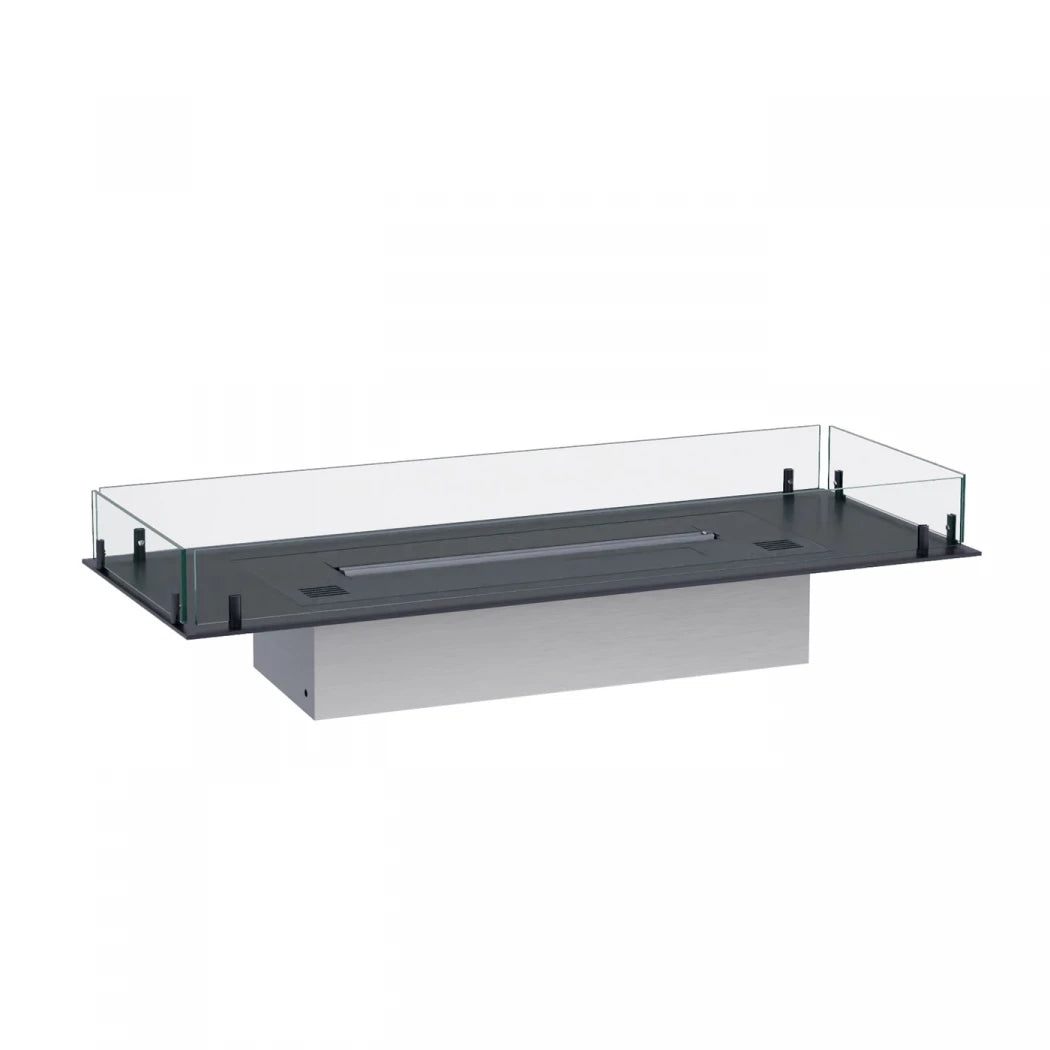 Foco Free 1000 – a sleek, 4-sided bioethanol fireplace with tempered glass panels and customisable burner options.