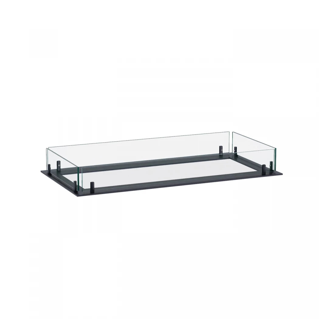 Foco Four 800 built-in bioethanol fireplace with black steel frame, tempered glass panels, and a vibrant flame display