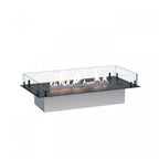 Foco Four 800 built-in bioethanol fireplace with black steel frame, tempered glass panels, and a vibrant flame display