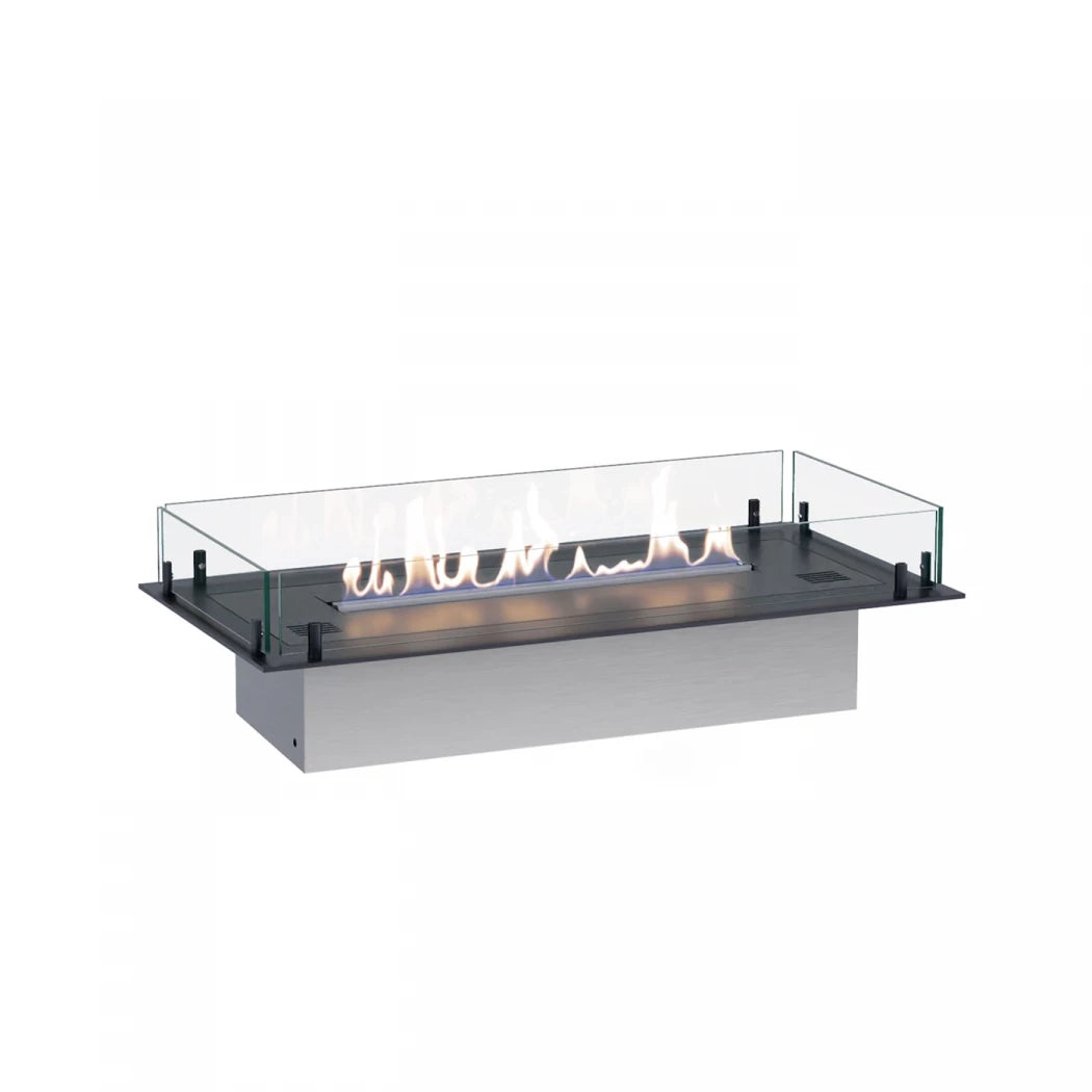 Foco Four 800 built-in bioethanol fireplace with black steel frame, tempered glass panels, and a vibrant flame display