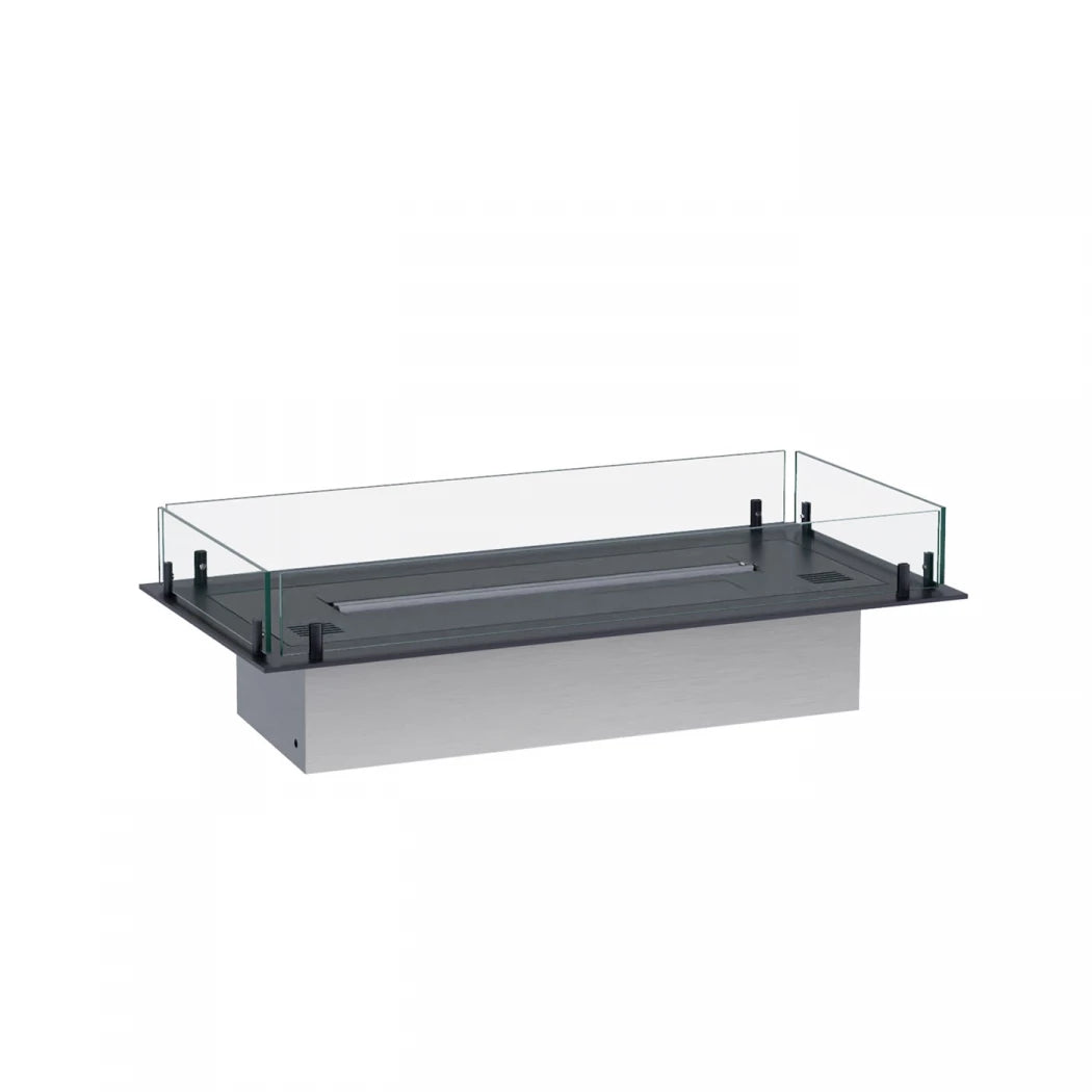 Foco Four 800 built-in bioethanol fireplace with black steel frame, tempered glass panels, and a vibrant flame display
