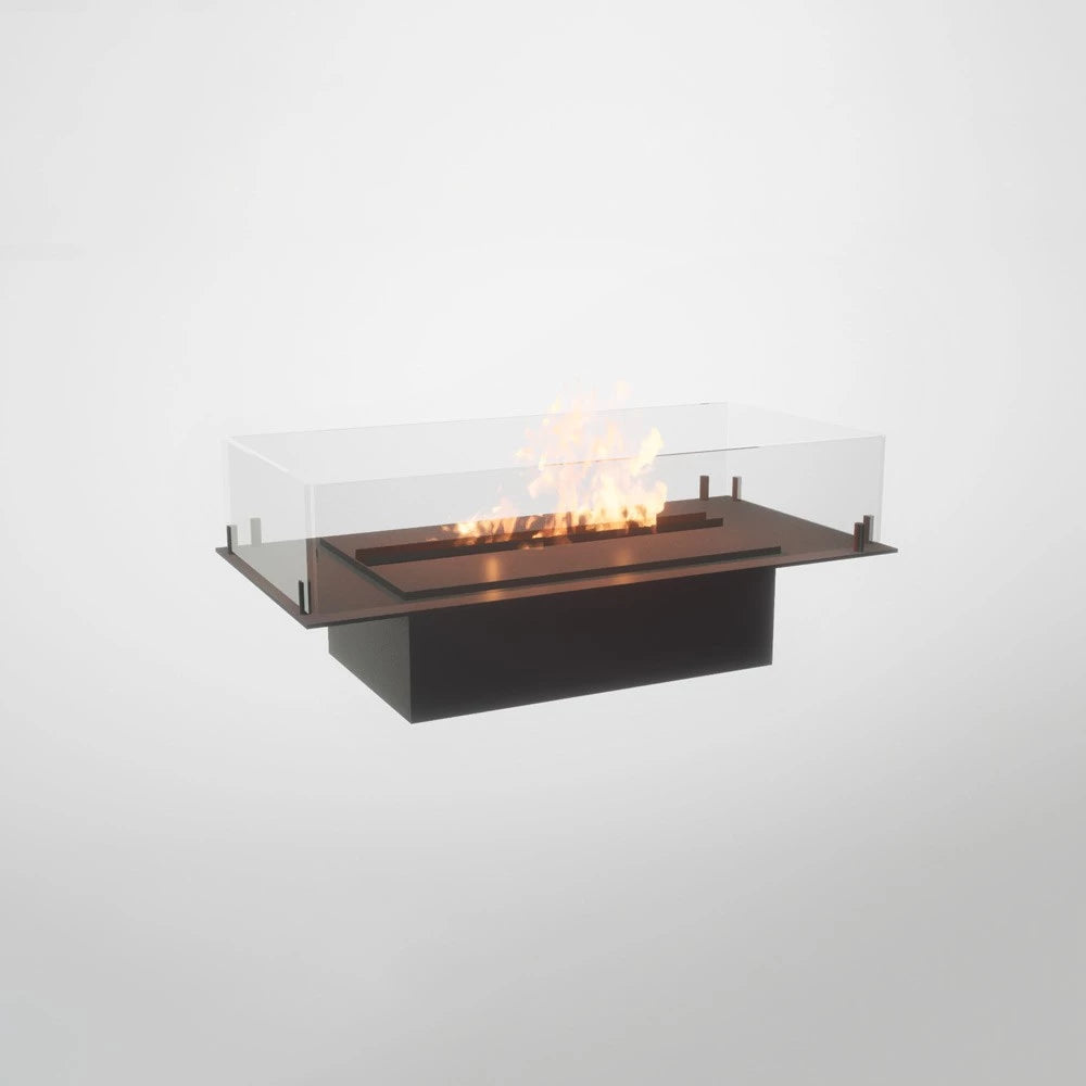 Foco Four 800 built-in bioethanol fireplace with black steel frame, tempered glass panels, and a vibrant flame display