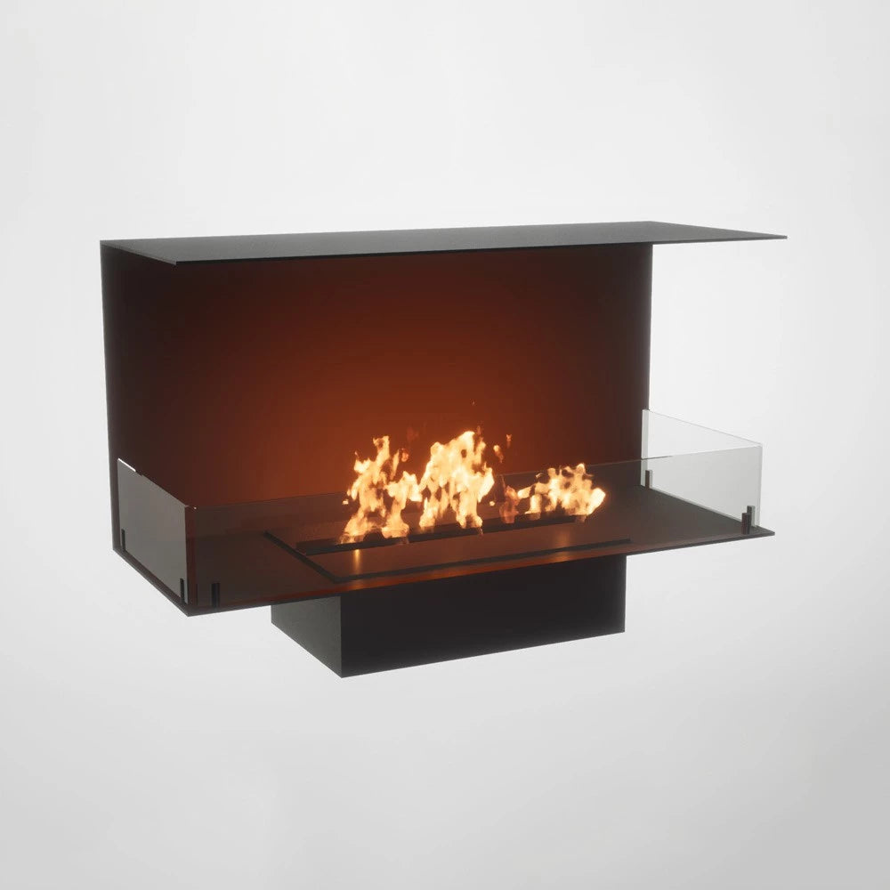 Foco Three 1000 bioethanol fireplace with three open sides for a panoramic flame view.