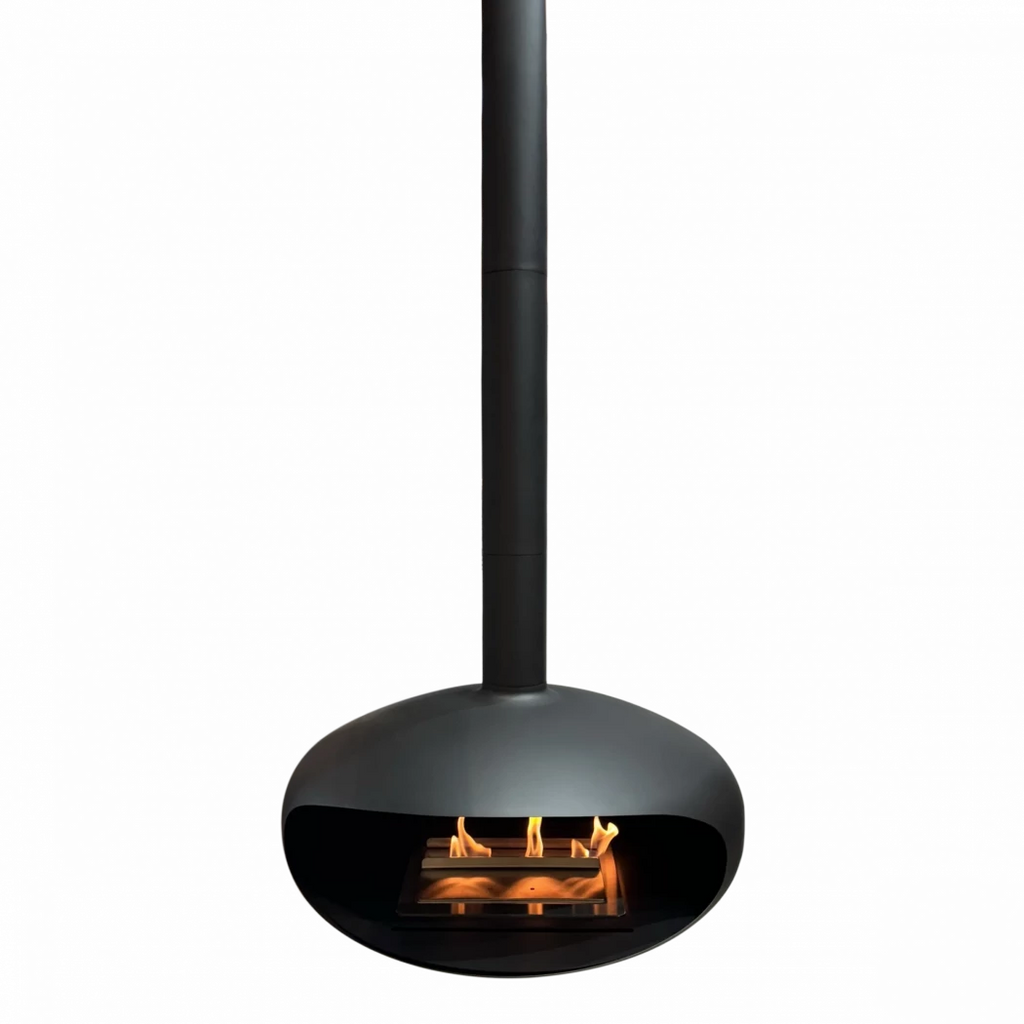 Icon Fires The ICONIC large black ceiling mounted bioethanol fireplace with a diameter of 90 cm