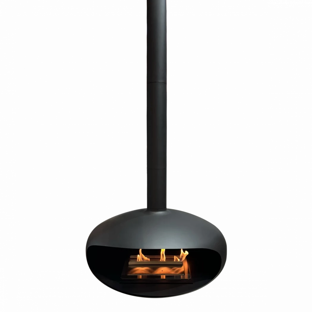 Icon Fires The ICONIC large black ceiling mounted bioethanol fireplace with a diameter of 90 cm