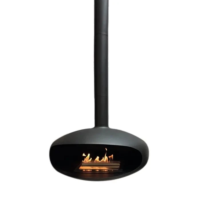 Icon Fires The ICONIC large black ceiling mounted bioethanol fireplace with a diameter of 90 cm