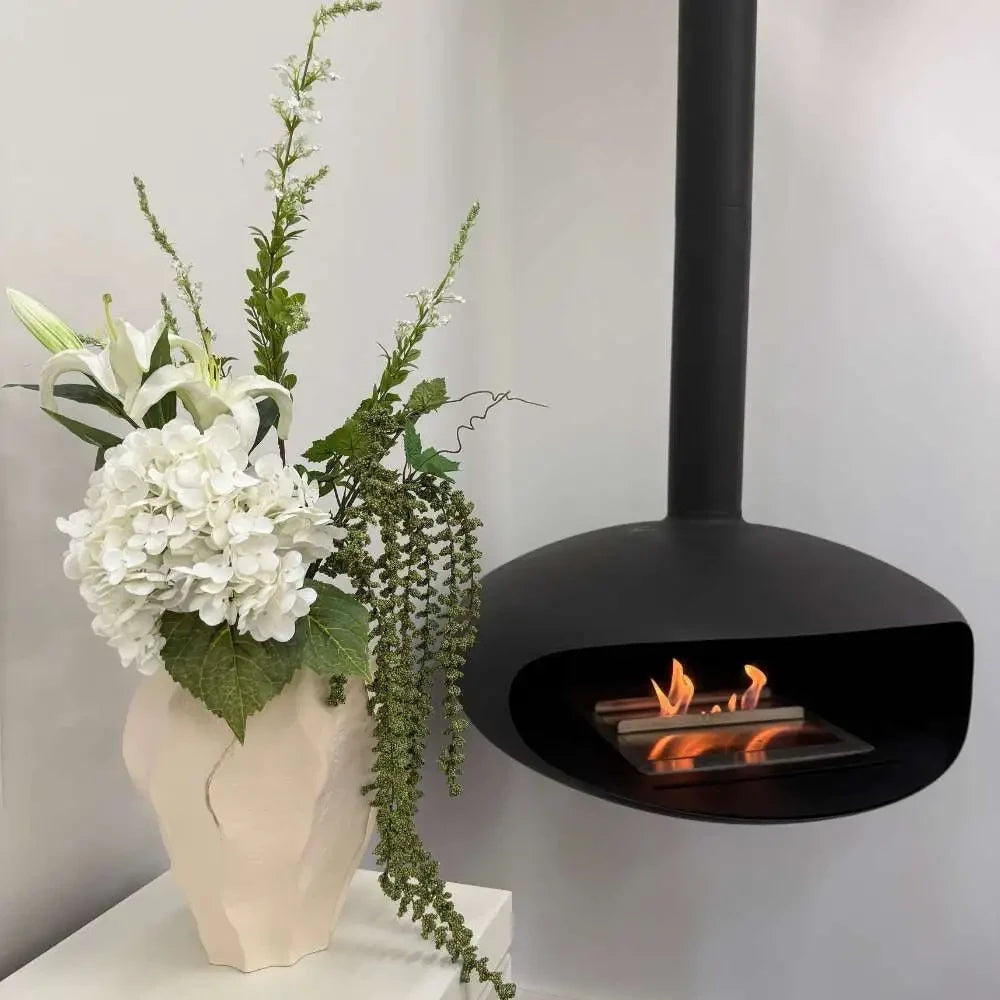 Icon Fires The ICONIC large black ceiling mounted bioethanol fireplace with a diameter of 90 cm