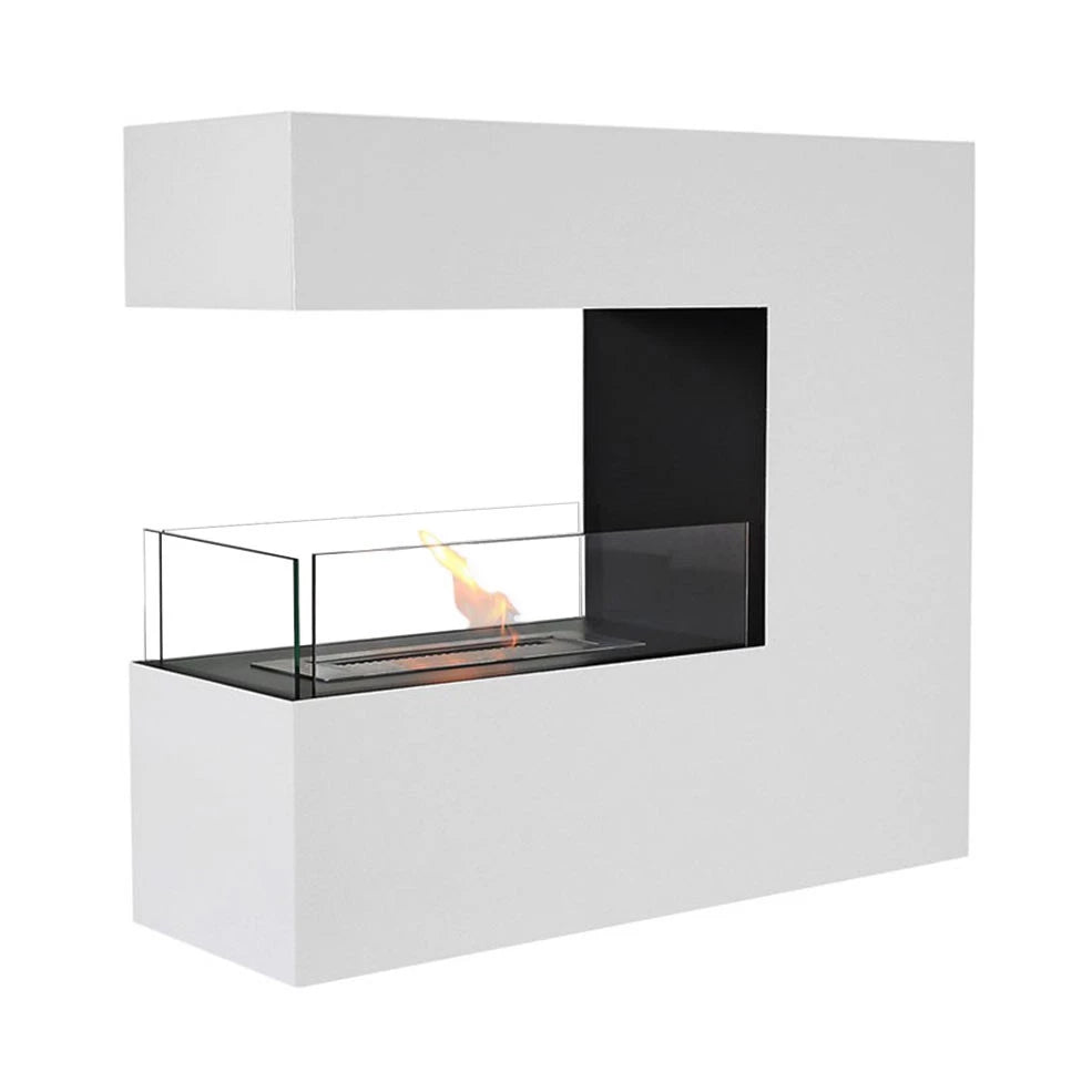 Three-sided freestanding bio ethanol fireplace in white