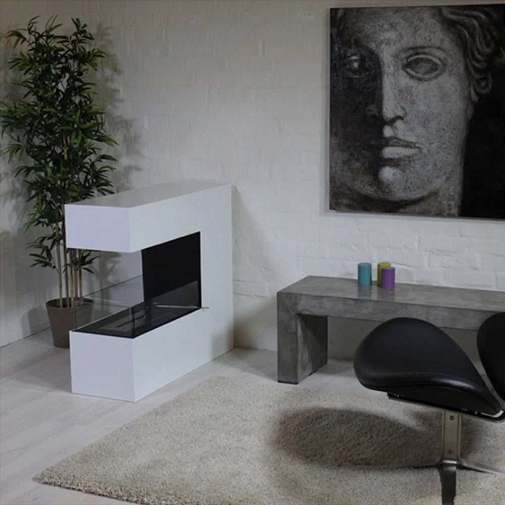 Three-sided freestanding bio ethanol fireplace in white