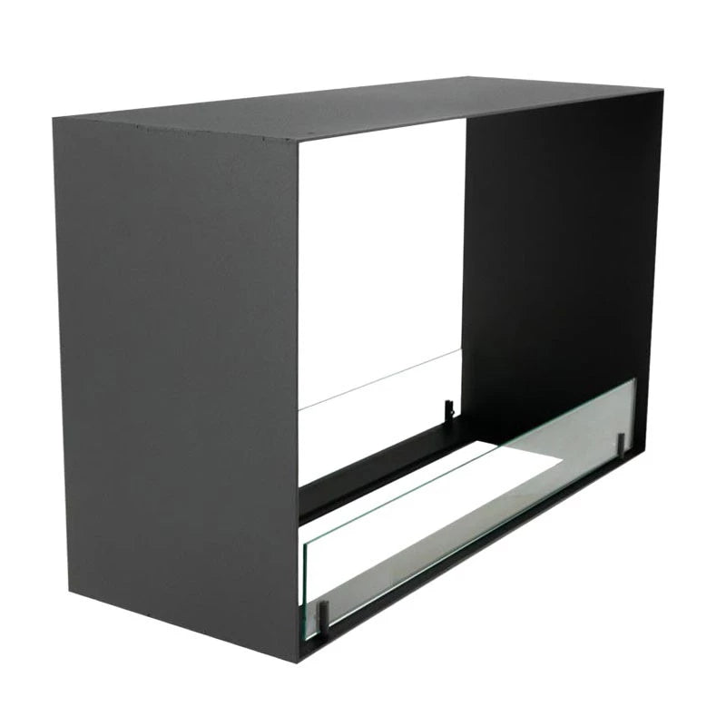 Foco Two 800 Medium built-in bioethanol fireplace with front and side flame view in black steel finish