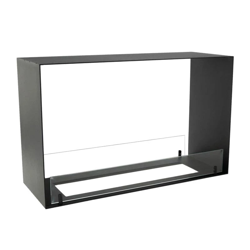 Foco Two 800 Medium built-in bioethanol fireplace with front and side flame view in black steel finish