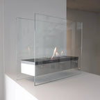Steel and glass tabletop bio fireplace in square design