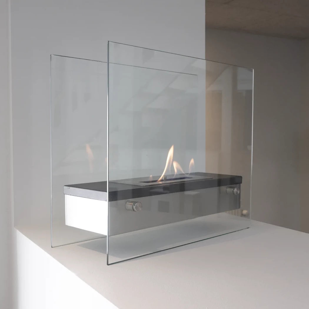 Steel and glass tabletop bio fireplace in square design